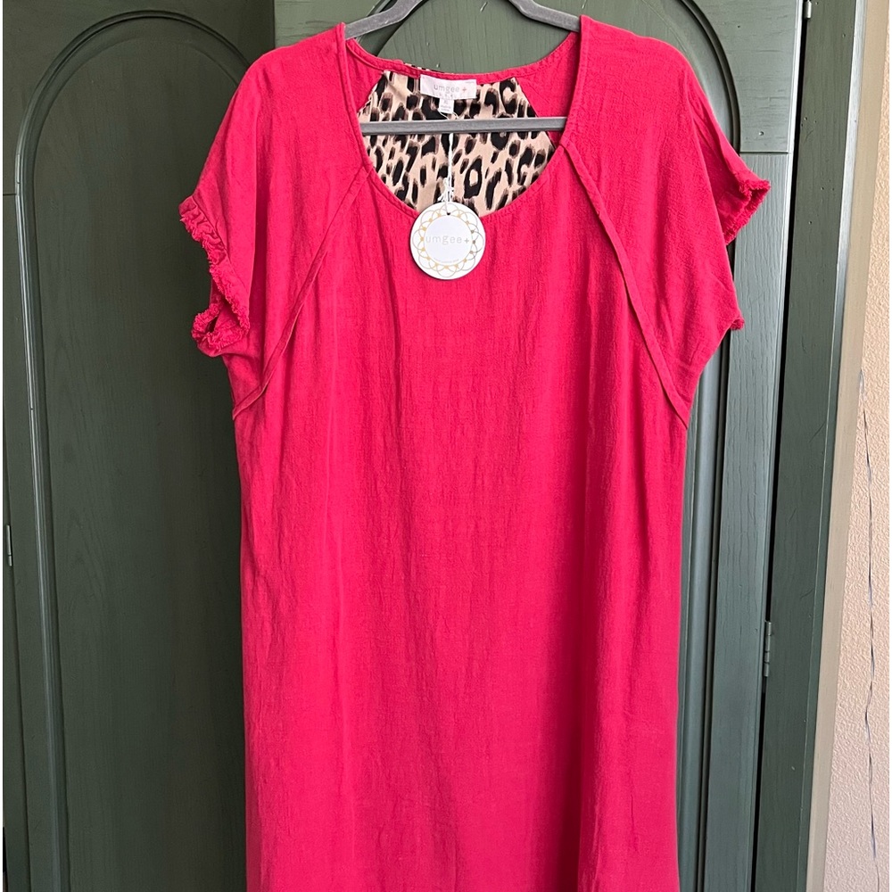 NWT Umgee red and cheetah hi-low linen dress size xl